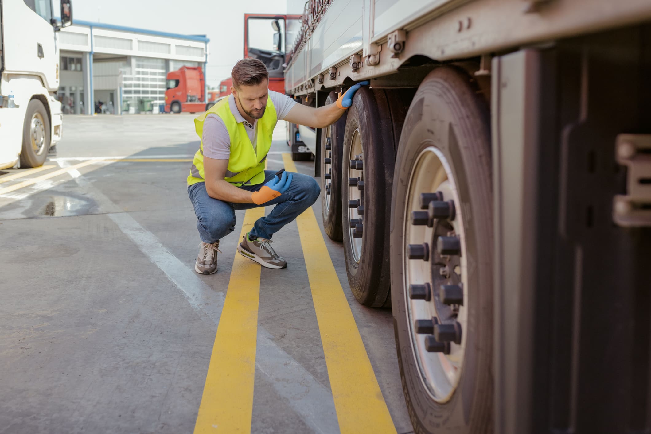 Fachmann bei der Kontrolle eines LKW-Rads